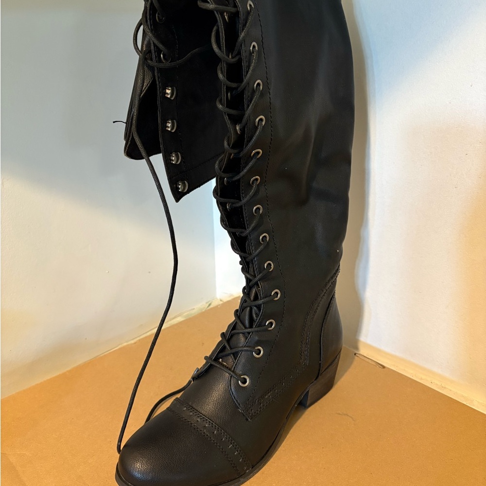 Black Lace-Up Knee-High Boots